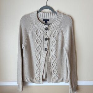 Lands' End Women's Beige Cardigan with Cable Knit and Button Accents